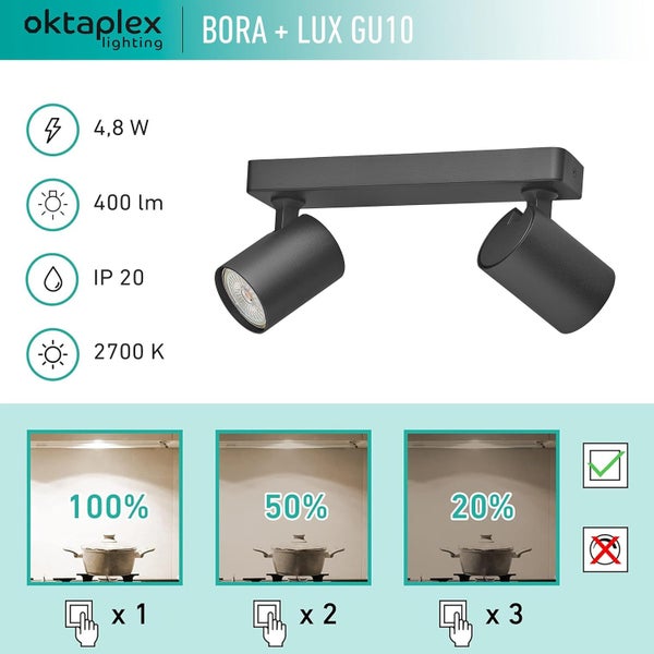 Bora Deckenstrahler 3-Stufen dimmbar GU10 Leuchtmittel 400lm warmweiß 2700K 2-flammig schwarz Spotbalken für Wohn- und Schlafräume