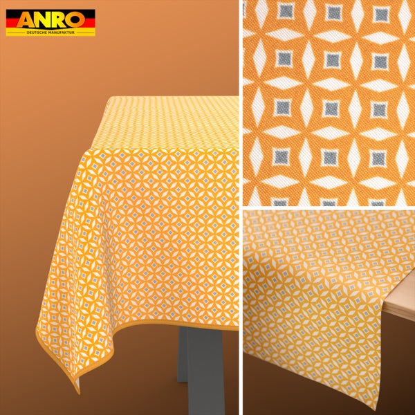 Tischdecke mit geometrischem Muster auf einem Tisch. ANRO Deutsche Manufaktur Logo.