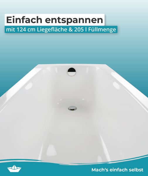 Weiße Badewanne mit 124 Zentimeter Liegefläche und 205 Liter Füllmenge sowie Ablauf und Überlauf.