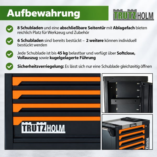 Trutzholm Werkstattwagen mit acht Schubladen und Seitentür mit Ablagefach sowie Sicherheitsverriegelung und Softclose Funktion.