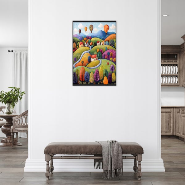 Wandbild mit Landschaftsmotiv und Heißluftballonen, gerahmt, in einer hellen Wohnumgebung mit Sitzbank, Kissen und rustikaler Holzeinrichtung.