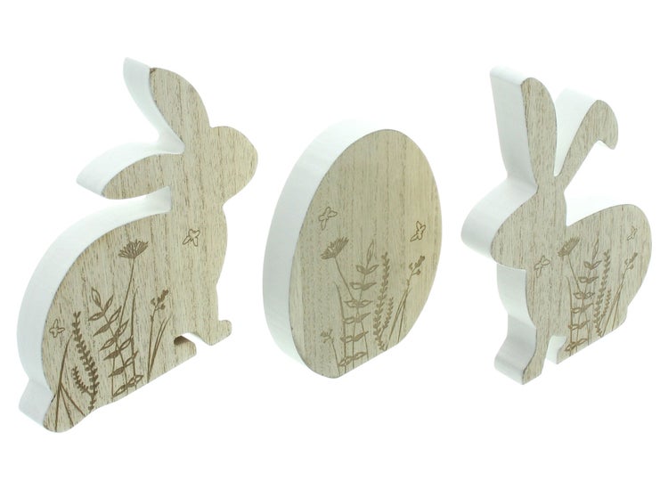 FRANK FLECHTWAREN | Osterdeko Hasen & Ei, 3er Set, MDF, 9,5 x 1,5 x 12 cm, 14 x 1,5 x 15 cm, 11,5 x 1,5 x 15,5 cm