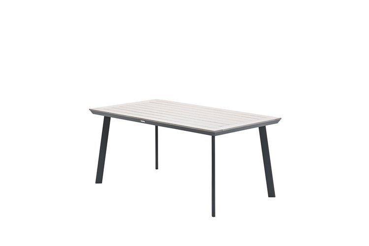 Rechteckiger Gartentisch mit einer hellen Tischplatte in Lattenoptik und einem dunkelgrauen Metallgestell.