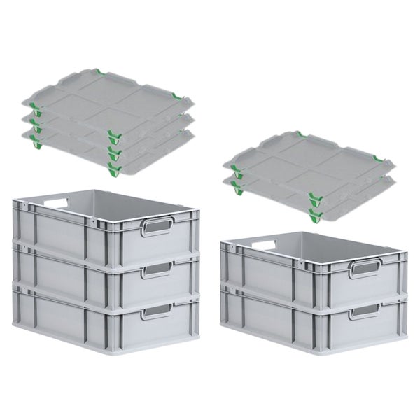 PROREGAL SuperSparSet 5x Eurobox NextGen Grip mit Auflagedeckel mit 4 Grünen Schiebeschnappverschlüssen HxBxT 17 x 40 x 60 cm 34 Liter Griffe