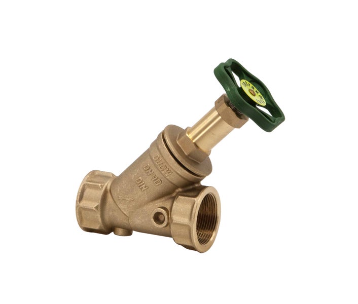 Schrägsitzventil aus Messing mit grünem Handrad, Nennweite 40.