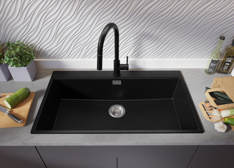 PRIMAGRAN Spülbecken Schwarz 88x50cm, Granitspüle 1 Becken + Ablauf-Set + Schneidebrett, Küchenspüle ab 90er Unterschrank - Oslo