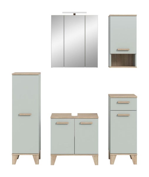 Badezimmermöbel Set bestehend aus Spiegelschrank, Waschbeckenunterschrank, Hoch-, Halb- und Oberschrank in Holzoptik und matter Oberfläche.