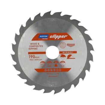 Norton Clipper Kreissägeblatt für Holz und Verbundwerkstoffe mit 190 Millimeter Durchmesser und einer maximalen Drehzahl von 8000 Umdrehungen.