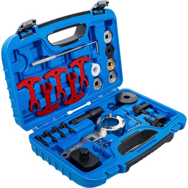 Blauer Werkzeugkoffer aus Kunststoff von BGS Technic für Motor-Einstellwerkzeuge mit schwarzem Griff und silbernen Metallverschlüssen.