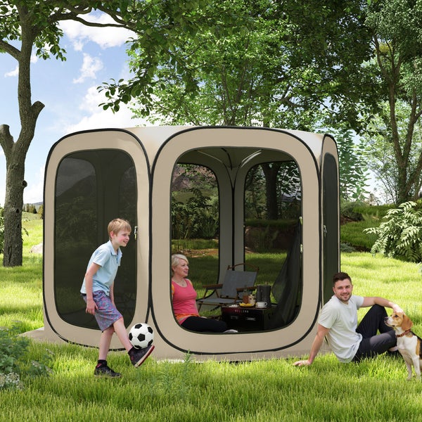 Outsunny Pop-up-Campingzelt Screen Tent klappbar Raumzelt mit Tragetasche, Mesh-Tür, Familienzelt Pavillon für 6 Personen, Camping, Garten, Terrasse, 340 x 300 x 220 cm, Khaki