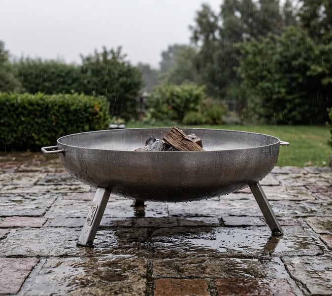 Runde Feuerschale aus Stahl auf drei Standbeinen mit zwei Griffen steht bei Regen auf einer Steinterrasse im Garten.