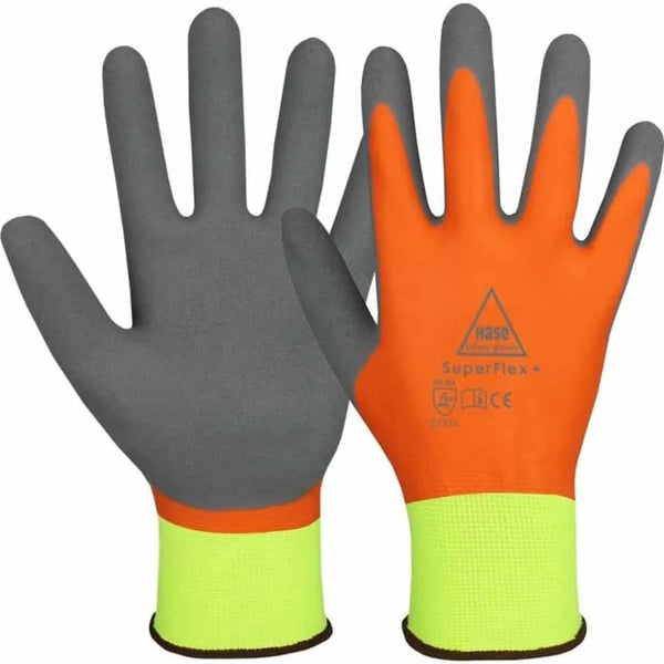 Ein Paar Hase SuperFlex Schutzhandschuhe mit Beschichtung und elastischem Strickbund.