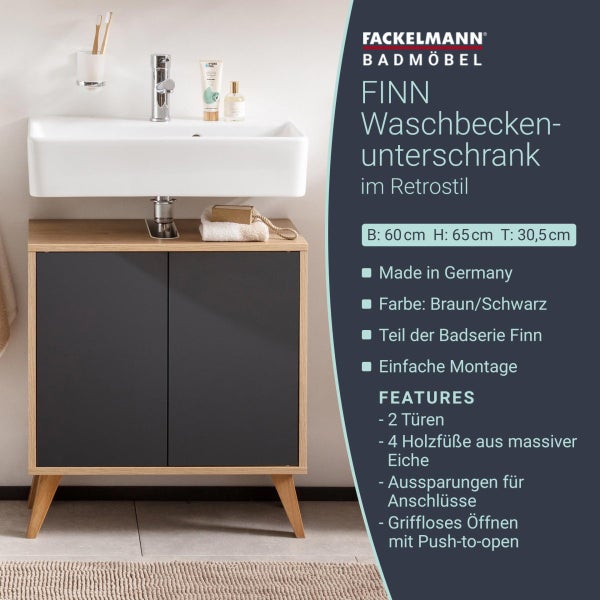 FACKELMANN FINN Badmöbel Set 2 Teile / Waschbeckenunterschrank mit Push-to-Open / 4 Holzfüße / Badschrank mit 2 Türen / Korpus & Front: Schwarz / Rahmendekor & Füße: Braun hell / Breite: 60 cm