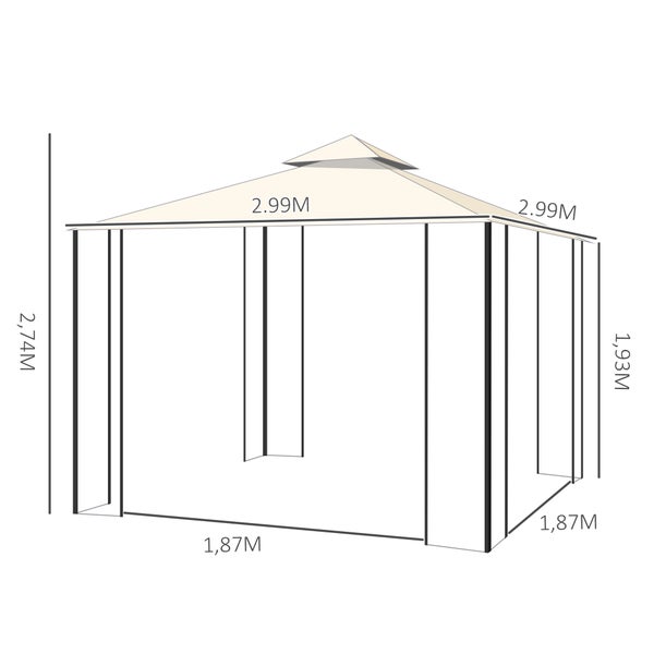 Outsunny Gartenpavillon, mit Doppeldach Pavillon,  2,99 x 2,99 x 2,74 m, Metall+Polyester, Cremeweiß