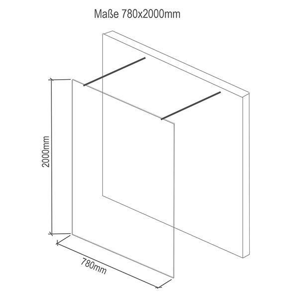 Technische Zeichnung einer Duschwand mit den Maßen 780 x 2000 Millimeter.