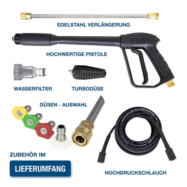 Hochdruckreiniger Zubehörset mit Spritzpistole, Edelstahlverlängerung, Hochdruckschlauch, verschiedenen Düsen und Wasserfilter.