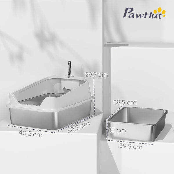 PawHut Edelstahl-Katzentoilette mit hohem Rand und Schaufel. Maße: 60,2 mal 40,2 mal 29,7 Zentimeter. Wanne: 59,5 mal 39,5 mal 15 Zentimeter.