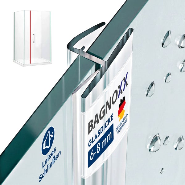 BAGNOXX Duschdichtung für 6 bis 8 Millimeter Glasdicke, leises Schließen, Detailansicht von Dichtungsprofil und Duschkabine.