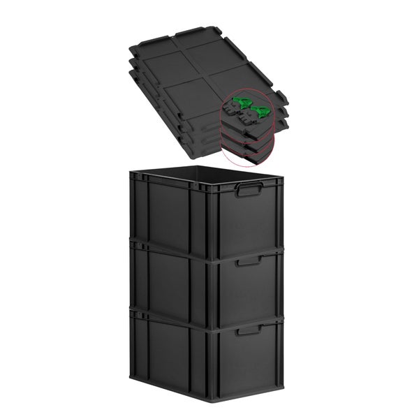 PROREGAL SuperSparSet 3x Eurobox NextGen Grip mit Scharnierdeckel und grünen Schiebeschnappverschlüssen, HxBxT 32x40x60cm, 65 Liter, Schwarz, Griffe geschlossen, Verstärkter Boden, Eurobehälter, Transportbox, Transportbehälter, Stapelbehälter