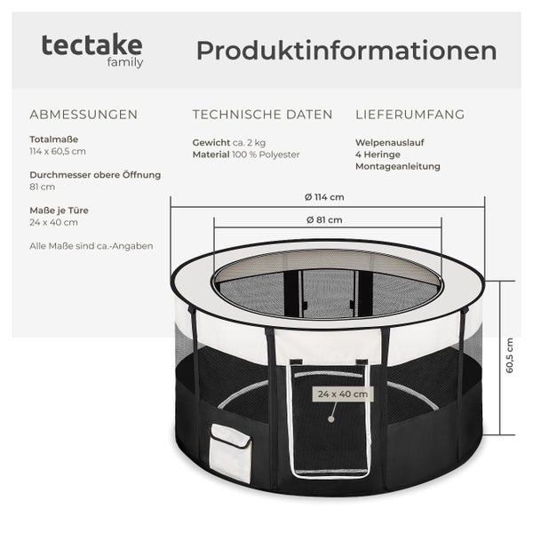 Produktinformationen zu einem Welpenauslauf von Tectake Family mit Maßangaben.