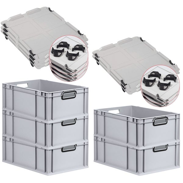 PROREGAL SparSet 5x Eurobox NextGen Color mit Auflagedeckel und Schiebeschnappverschlüsse, HxBxT 22x40x60cm, 44 Liter, Grau, Griffe schwarz offen, Verstärkter Boden, Eurobehälter, Transportbox, Transportbehälter, Stapelbehälter