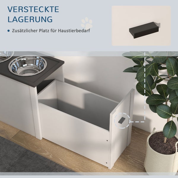 PawHut Hundenapf, Hunde Futterstation mit Stauraum, Wassernapf, Napfständer mit 2 L Edelstahlschüsseln, Hundenapfständer, Fressnapf für Große Hunde, Weiß