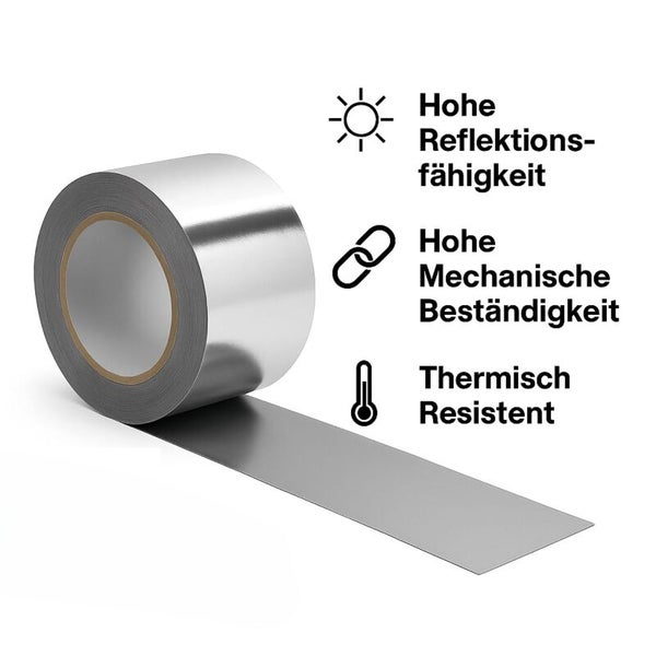 Aluminium Klebebandrolle mit den Symbolen hohe Reflektionsfähigkeit, hohe mechanische Beständigkeit und thermische Resistenz.