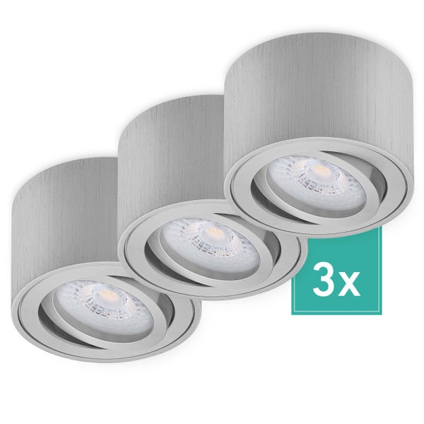 Oktaplex Lighting 3 Stück Aufbaustrahler Lile Alu gebürstet - inkl. LED Modul 4,8W 230V 4000K Neutralweiß - Aufputz Aufbauleuchte Aufbauspot Aluminium schwenkbar