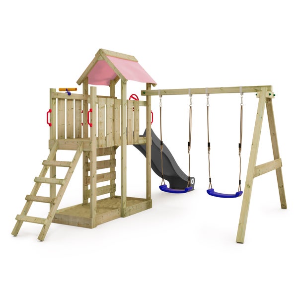 WICKEY Spielturm Klettergerüst MultiFlyer mit Schaukel und Rutsche, Kletterturm mit Sandkasten, Leiter und Spiel-Zubehör – anthrazit