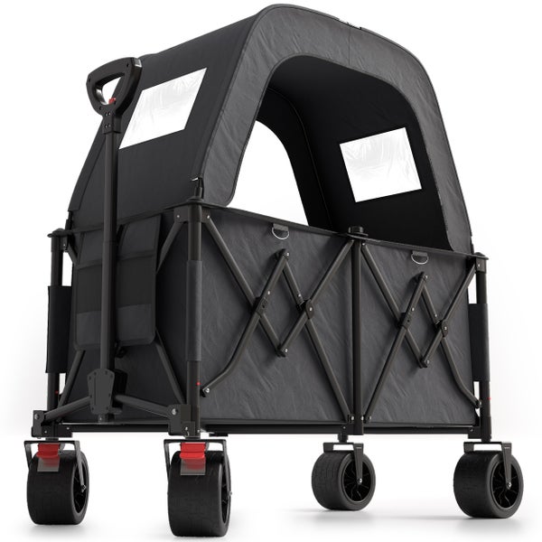 Schwarzer Bollerwagen mit Dach und Rädern