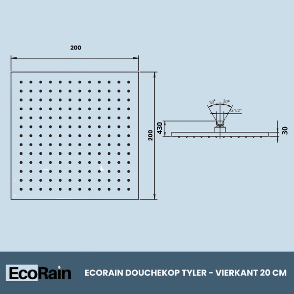 EcoRain Wassersparender Regen Duschkopf Tyler 20 CM Chrom mit Duscharm - 30% Wasserersparnis - Wassersparender Kopfbrause - Regenbrause Rechteckig - Universell - Verbrühungssicherer Duschkopf