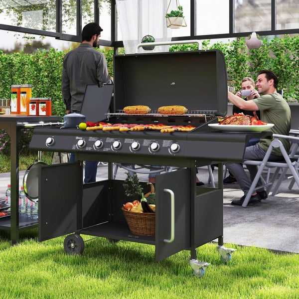 Outsunny Gasgrill 21,2 KW 6+1 Brenner BBQ Grillwagen aus Edelstahl inkl Rolle Seitenbrenner Thermometer Grillrost Kochfeld Seitentisch Gas-Grill für Balkon Camping 144,5 x 56 x 110cm