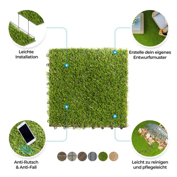 FLOORDIREKT Klickfliesen Kunstgras 30 x 30 cm - Kunstrasen Terrassenfliesen - 11er-Set