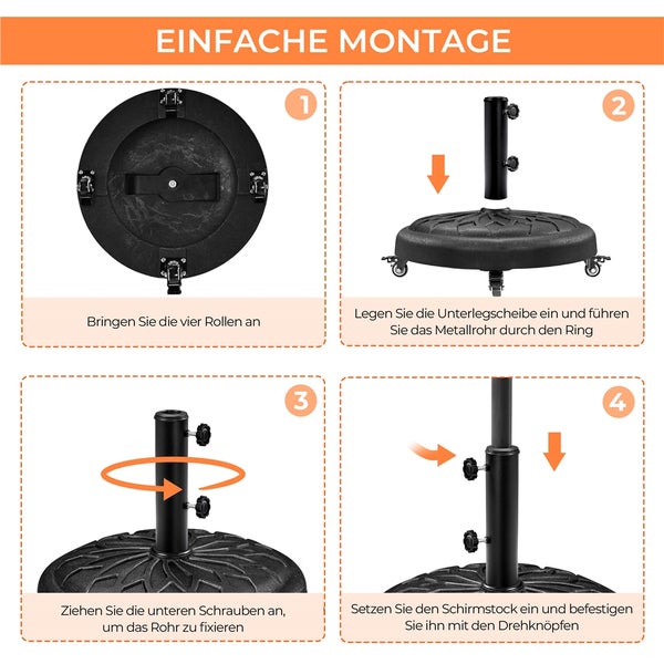Montage eines Sonnenschirmständers mit Rollen in vier Schritten: Rollen anbringen, Metallrohr einsetzen, festschrauben und Schirmstock fixieren.