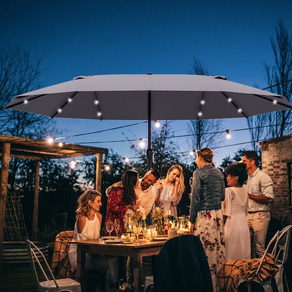 Outsunny Sonnenschirm mit LED Doppelsonnenschirm 440 x 260 cm Gartenschirm Marktschirm groß Terrassenschirm mit Handkurbel Oval Metall Dunkelgrau