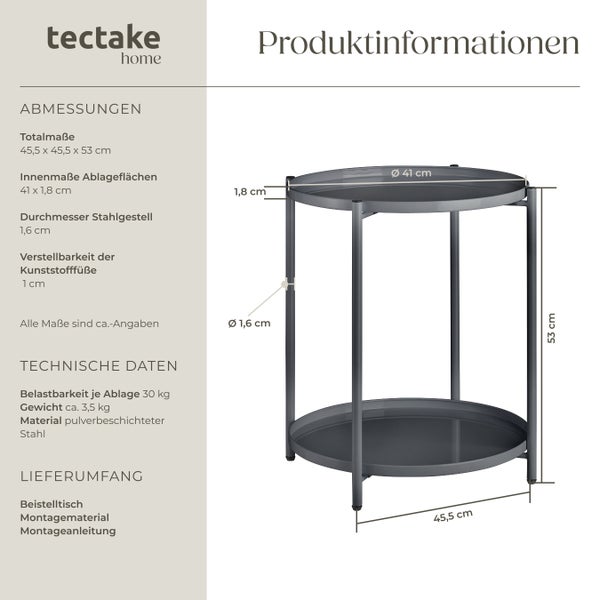 Beistelltisch tectake Oxford 45,5 x 45,5 x 53 cm Stahl dunkelgrau