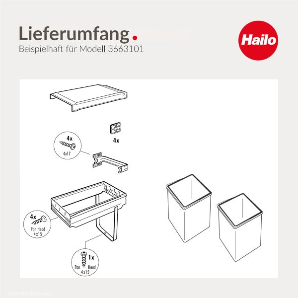 Hailo Logo, Lieferumfang für ein Abfalltrennsystem bestehend aus zwei Eimern, Rahmen, Deckel, Montageschienen und Schrauben.