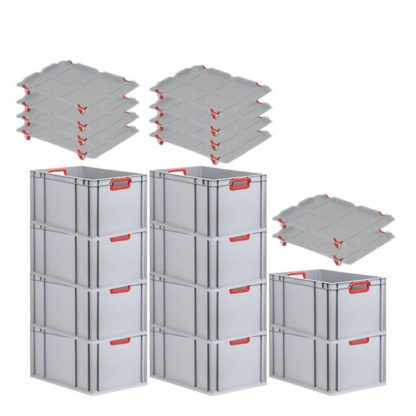 PROREGAL Spar Set 10x Eurobox Nextgen Color Mit Auflagedeckel & Schiebeschnappverschlüsse HxBxT 32 x 40 x 60 cm Griffe Rot Offen Verstärkter Boden