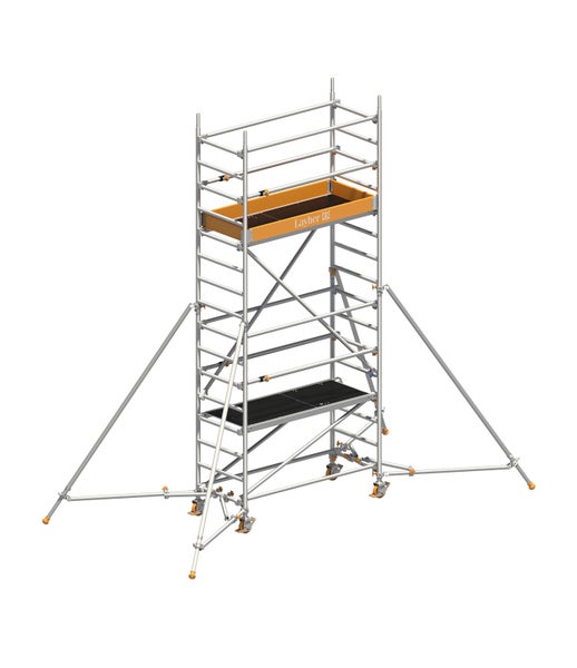Layher Fahrgerüst mit Arbeitsflächen und Stabilisatoren