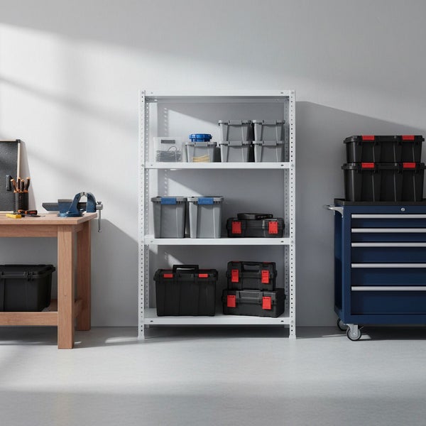 Organisierte, helle Werkstatt mit einem weißen Metallregal, einer hölzernen Werkbank mit Schraubstock und einem blauen Werkstattwagen mit Werkzeugboxen.