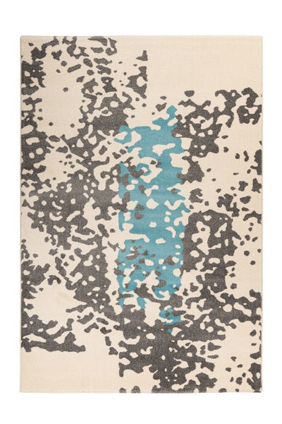 Rechteckiger Teppich mit abstraktem Fleckmuster in Grau und Blau auf hellem Untergrund.