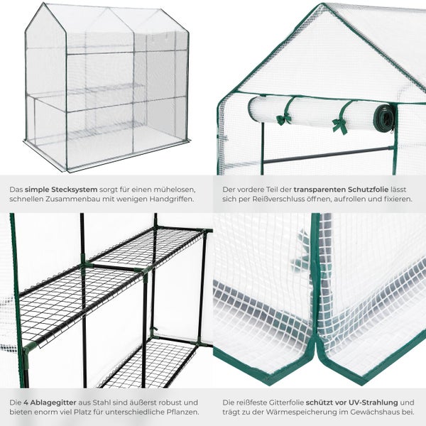 Gewächshaus mit Stahlregalen und transparenter Schutzfolie