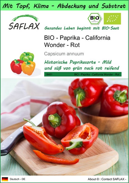 SAFLAX Garden to go - BIO - Paprika - California Wonder - Rot - Capsicum annuum - 20 Samen - Mit Topf, Klima - Deckel und Anzuchtsubstrat