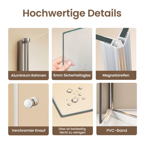 EMKE Duschkabinen-Set Eckeinstieg 90 x 90 x 185 cm, 6 mm ESG Sicherheitsglas, rahmenlos, mit rundem Griff, inkl. weiß Duschtasse