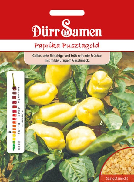 Dürr Samen Logo. Samenpackung Paprika Pusztagold mit Abbildung gelber Paprikafrüchte an der Pflanze und Skala für milden Schärfegrad.