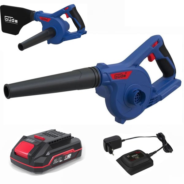 Güde Akku-Laubbläser-Set in Blau und Schwarz inklusive 18 Volt 2,0 Amperestunden Akku, Ladegerät und Fangsack.