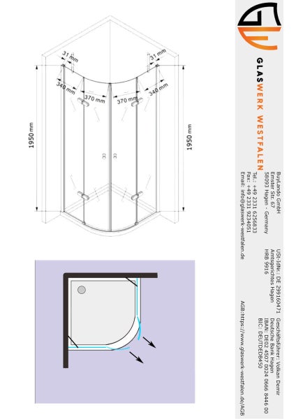 Technische Zeichnung einer Eckeinstiegsdusche mit Maßangaben