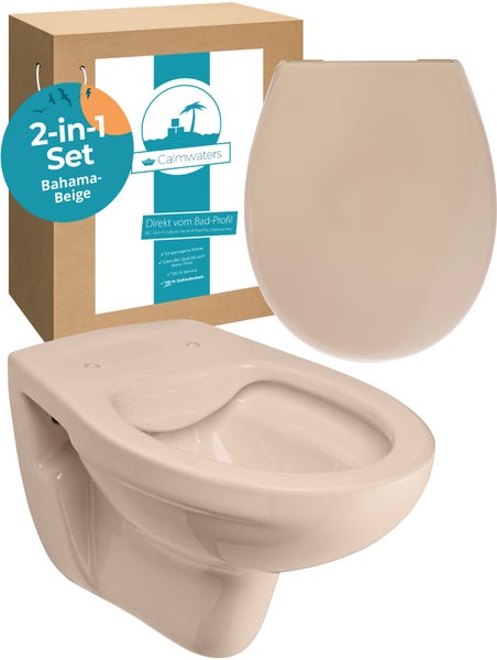 Calmwaters® Spülrandloses Hänge WC, Tiefspül WC aus Keramik, Komplettset mit WC Sitz mit Absenkautomatik in Beige-Bahamabeige, Waagerechter Abgang, WC Sitz aus antibakteriellem Duroplast, 99000190