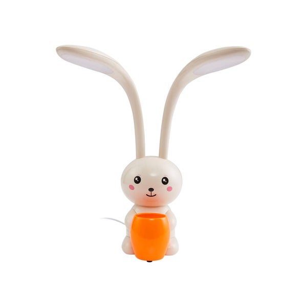 LED Kinder-Schreibtischleuchte in Hasenform mit orangefarbenem Stifthalter und flexiblen Leuchtohren.