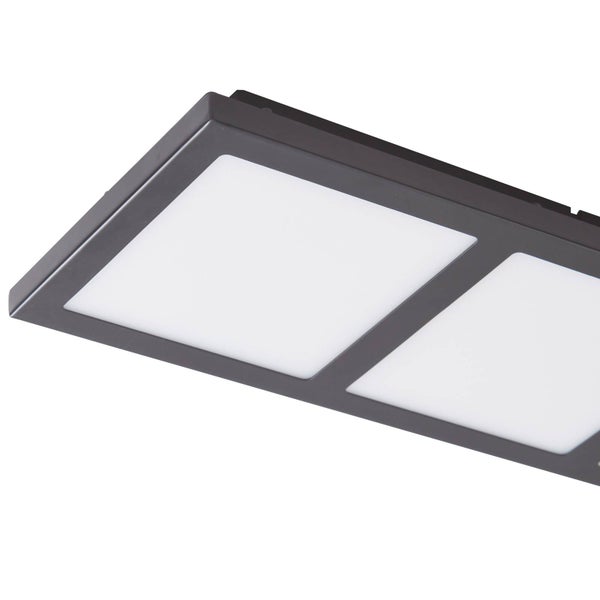 LED-Deckenleuchte mit dunklem Rahmen und quadratischen weißen Leuchtflächen in der Detailansicht.